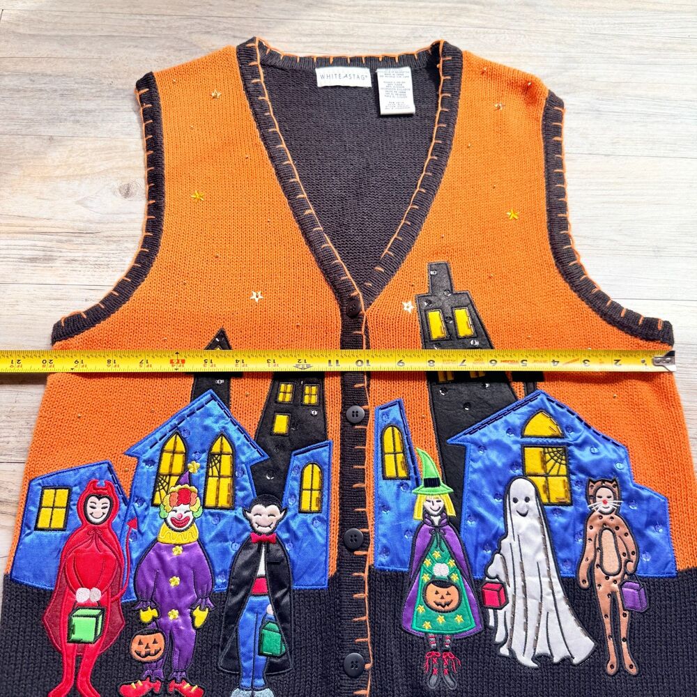 Vintage Halloween Sweater Vest Large Trick or Treat Haunted House 90s Kitschy - Picture 8 of 11